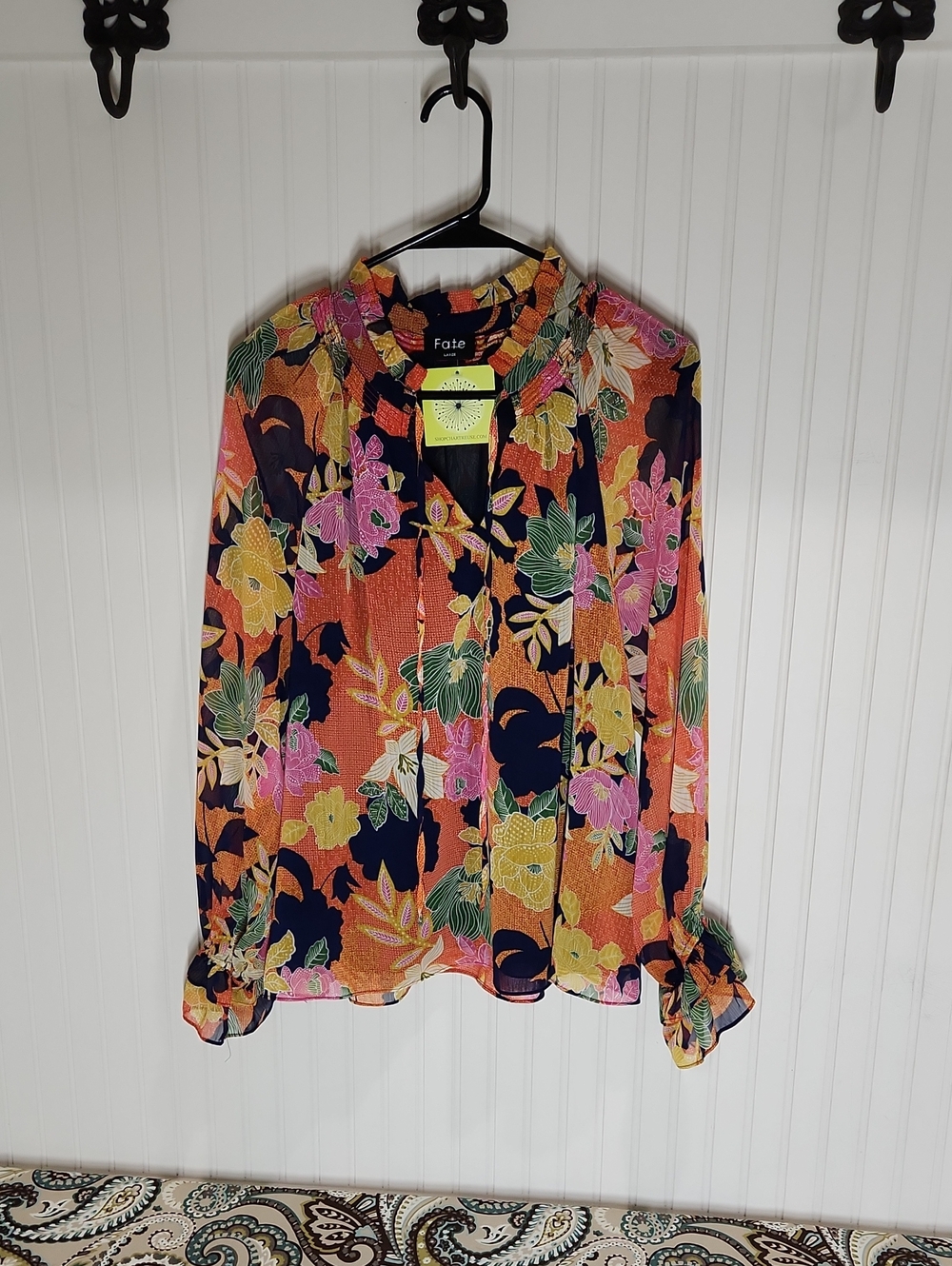 Fate Floral Tie-Neck Blouse in Orange, Navy, Pink & Yellow